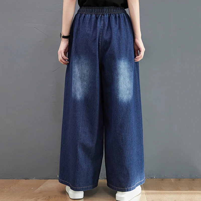 

plus Size High Waist Wide Leg Jeans Women's Dstring Elastic Waist Straight Leg Long Trousers Big MM Waed Denim Pants