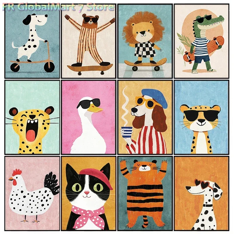 Diamond Painting 1pcs(No frame) Whimsical Skateboard Bear Diamond Prints Poster Funny Cute Cheetah Dog Animal Art Prints Kid's
