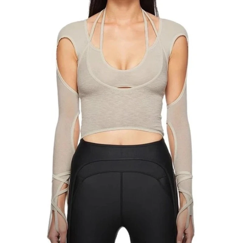 2025 Structural Hollow Out Fake Two-piece Long Sleeved T-shirt Design With High Waist And Exposed Navel Short Top