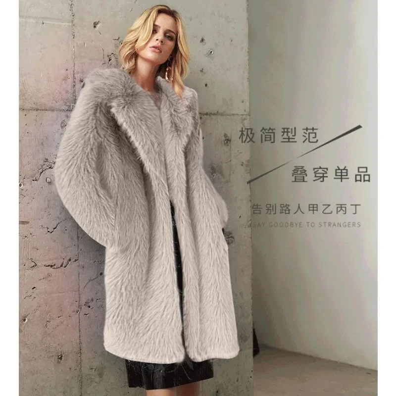 Autumn Winter Women Long Toga Faux Fur Suit Collar Fluffy Fur Jacket Chic Design Faux Fur Coat Long Sleeves Windproof Cardigan