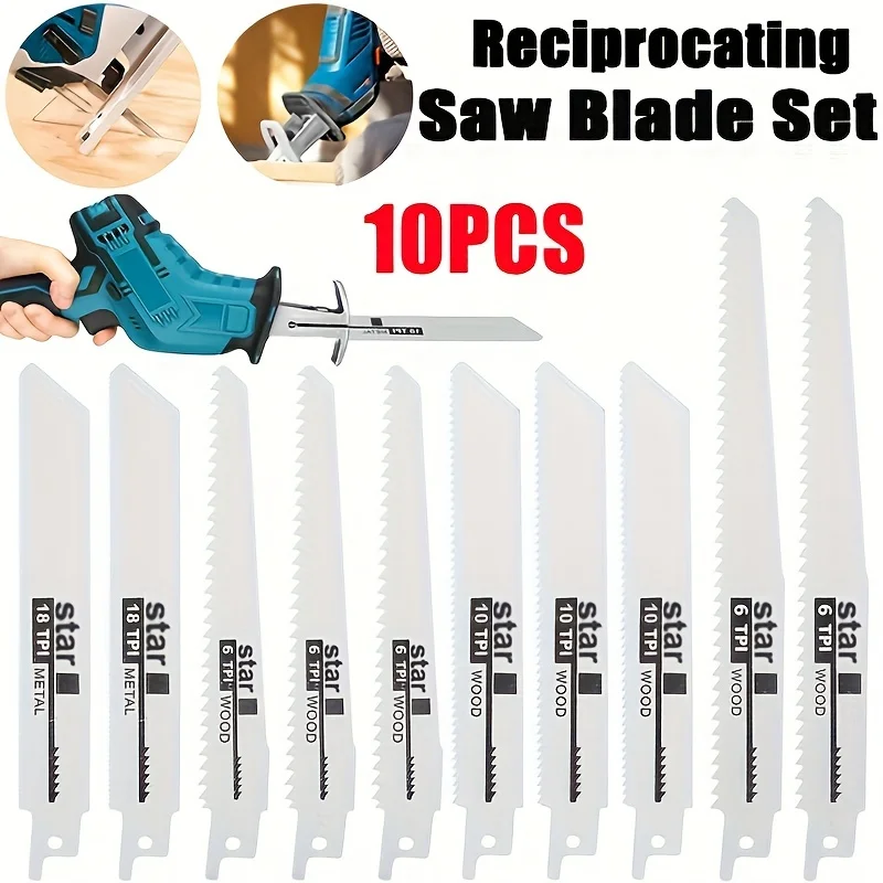 

10Pcs Saw Blades Kit for Wood Metal Cutting Saw Blades Reciprocating Saw Blade Set Power Tool Sabre Saw Jigsaw Blades Kit