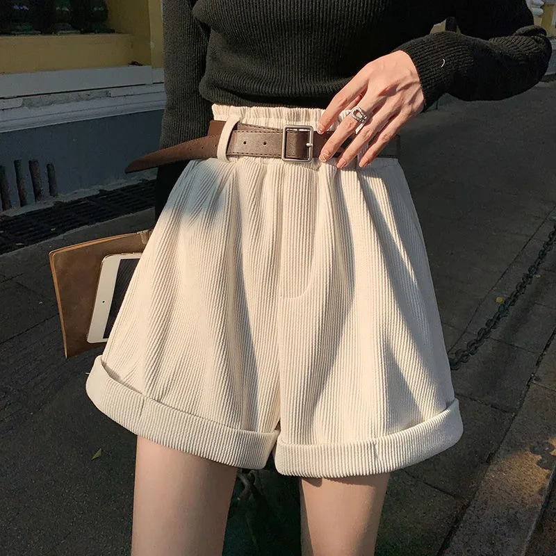 Pantaloncini di velluto a coste Donna A-line a vita alta Elegante stile coreano allentato Casual All-match Vintage Giovane donna Gamba larga Donna Chic Ins