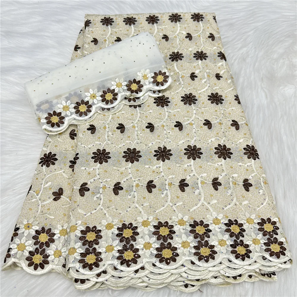 New 5+2 Yards Heavy Beaded Embroidery African Premium Cotton Fabrics High Quality Swiss Voile Lace Popular Dubai Style 3185