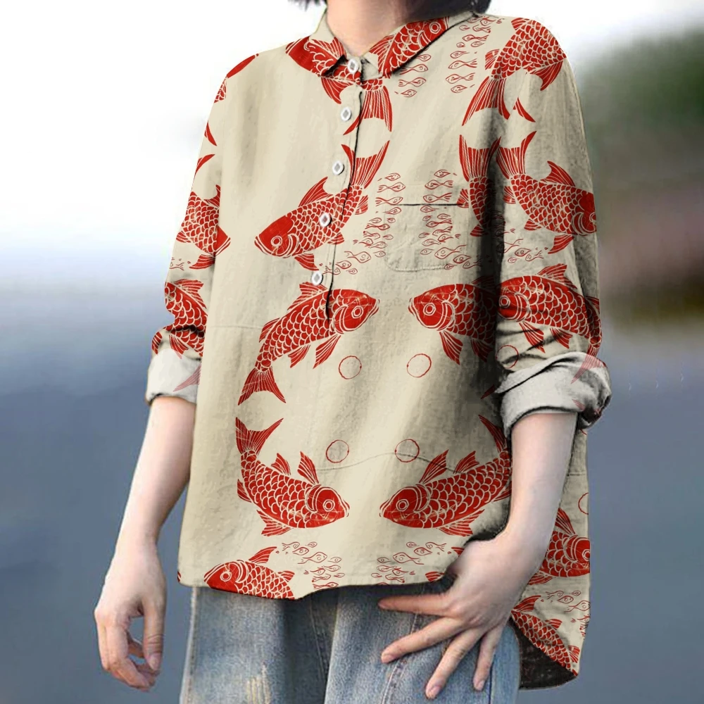 Women's Vintage Lapel Shirt, Elegant Casual Blouse, Sardines Fish Print, Beautiful Clothes, Long Sleeves, Trendy, New