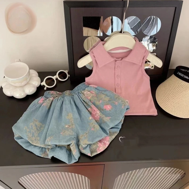 Baby girl Princess Turn-down Collar Top+Flower Bud pants 2PCS Infant Toddler Child Polo Shirt+Short Suit Cute Baby Clothes 1-10Y