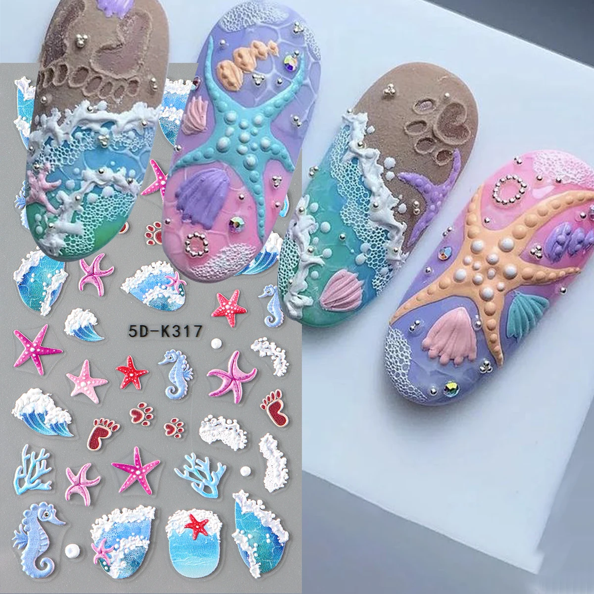 2pcs Summer Ocean Wave Beach 5D Nail Art Sticker Kawaii Sea Shell Starfish Self Adhesive Sliders Holiday Nail Decals Decorations