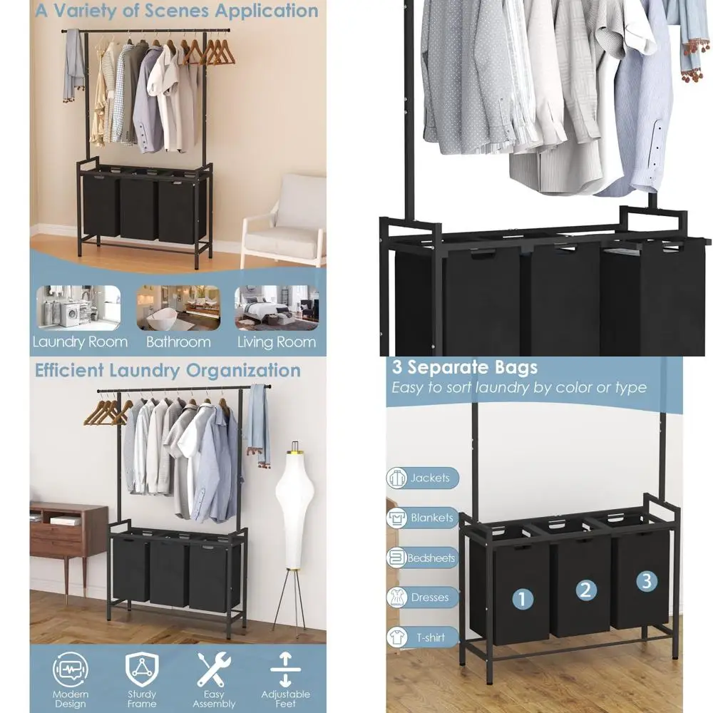 

Freestanding Black Laundry Hamper with 10-Bag Sorter and Pull-Out Rack for Home Use