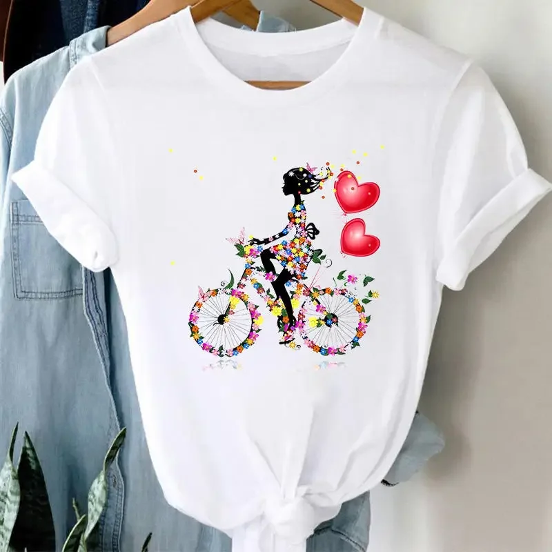 Fashion Women's T-shirt Floral Bicycle Print T-shirt Women's Cartoon Streetwear Tshirt Tops Aesthetic Clothes T Shirt