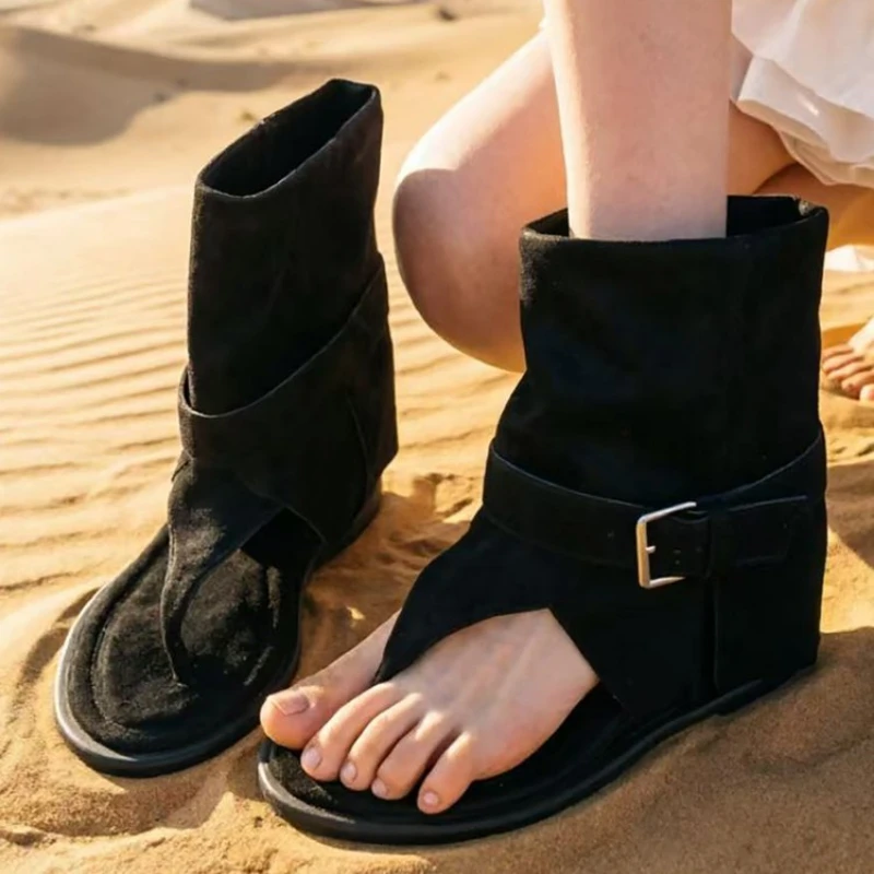 Botines tipo chancla con corte de hebilla, estilo boho, para vacaciones en el desierto, sandalias de verano de punta abierta, botines de gamuza vintage estilo western para mujer.