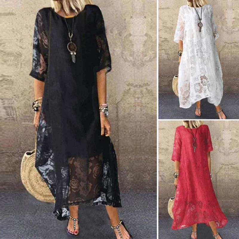 

2025 Summer Women's fasion New Hot Round Neck Short Sleeve Lace Long Casual women Dress