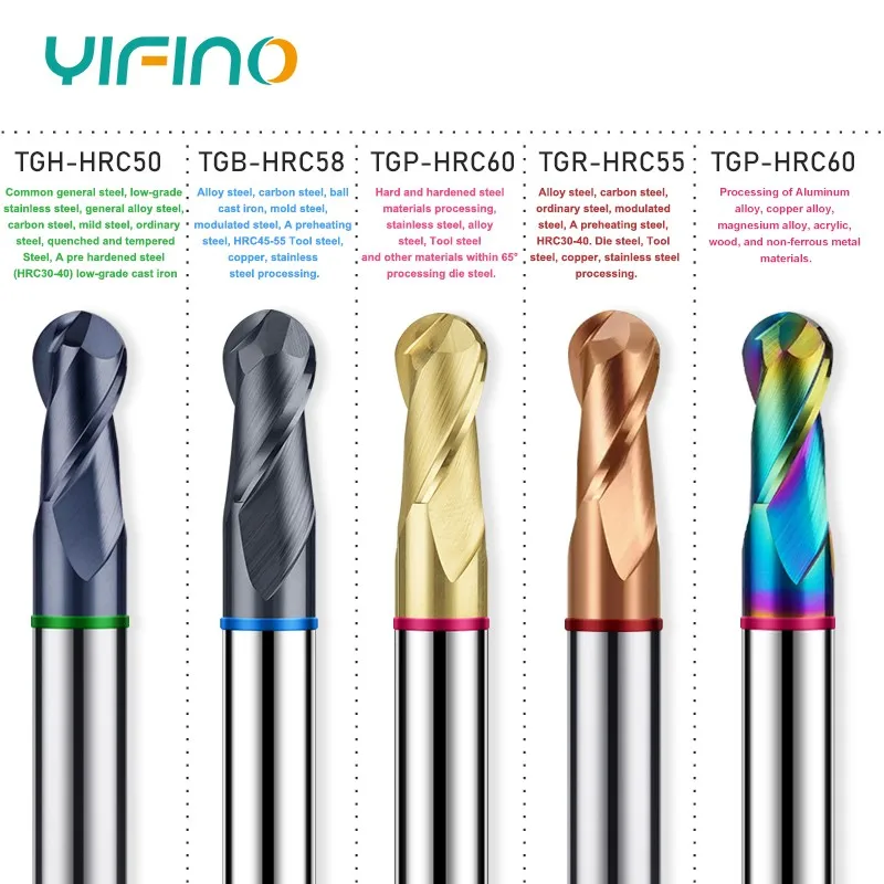 YIFINO-Fresa de extremo de bola de carburo de tungsteno de acero, herramientas de molino de extremo de mecanizado mecánico CNC,