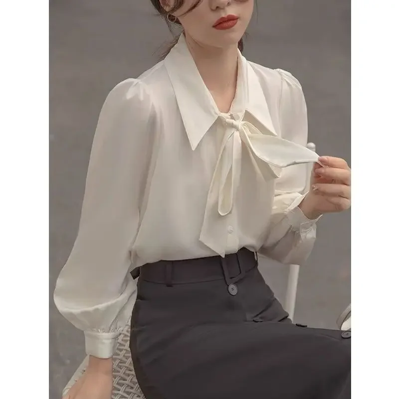 

Elegant White Shirts Women Office Ladies Korean Fashion Long Sleeve Chiffon Blouse Wite Tie Basic Loose Chic Clothes D171