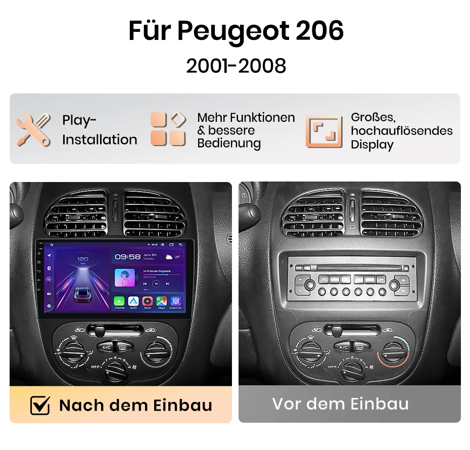 Junsun 9-Zoll Android 15 Autoradio für Peugeot 206 206CC 206SW 2000-2008, kabelloses Apple CarPlay, Auto-IPS-Bildschirm, Stereo-Multimedia-Videoplayer, intelligente Fahrzeugsysteme, 2-DIN-Autoradio-Haupteinheit, GPS-Navigation, BT, 4G, WLAN, FM, AM, DSP, RDS, SWC, DAB+ – Detail 3