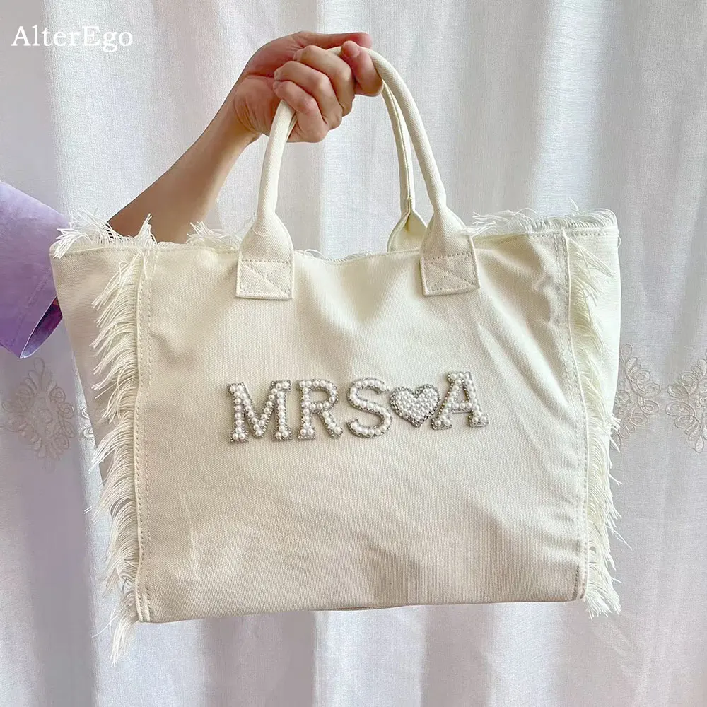 Canvas Tote Bag MRS A-Z Fringe Tote for Women's Large Capacity Rhinestones Letters Honeymoon Bride to be Canvas Travel Tote Bags