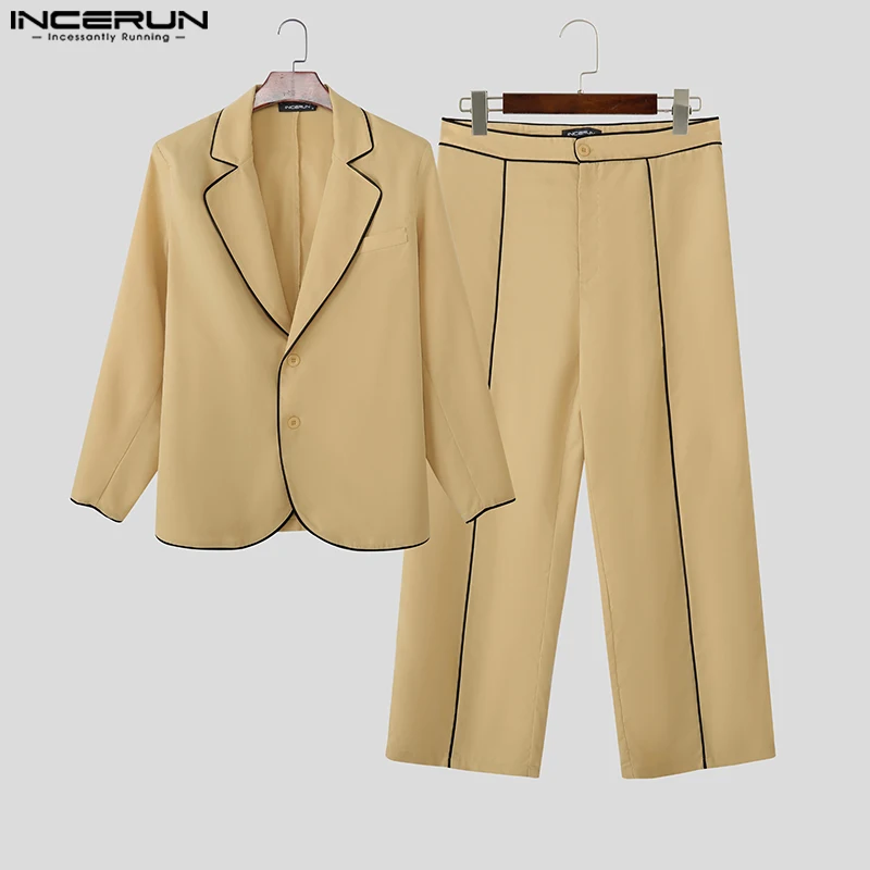 INCERUN Men Sets Patchwork Lapel Long Sleeve Blazer & Pants Two Pieces Sets Streetwear Loose Fashion Casual Men's Suits S-3XL