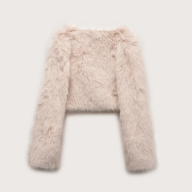 Chique dames nepbont crop korte dikke jassen warm harig vest met lange mouwen jassen winter elegante dame straat zwart uitloper