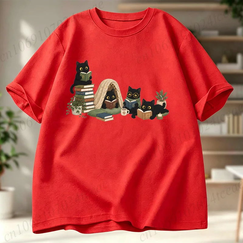 Black Cat Reading Librarian Teacher Bookish T-Shirt Aesthetic Graphic Tops Men's Women T-Shirts Summer Fashion Shirt Casual Gift view 3