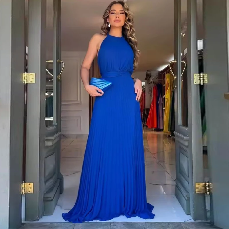 

Floor-Length Customized Party Dresses Halter Neck Backless Prom Dresses 2025 Sleeveless Chiffon Elegant Evening Dresses