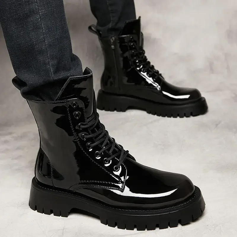 men boots patent leather shoes party nightclub dress cowboy high chimney boot platform long chelsea botas