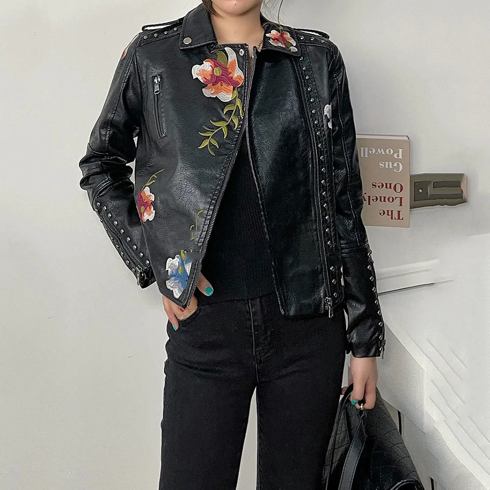 Korean Vintage Faux Leather Jacket Women Women Rivet Embroidered Biker Jacket Motorcycle Black Leather Ladies Short PU Jacket