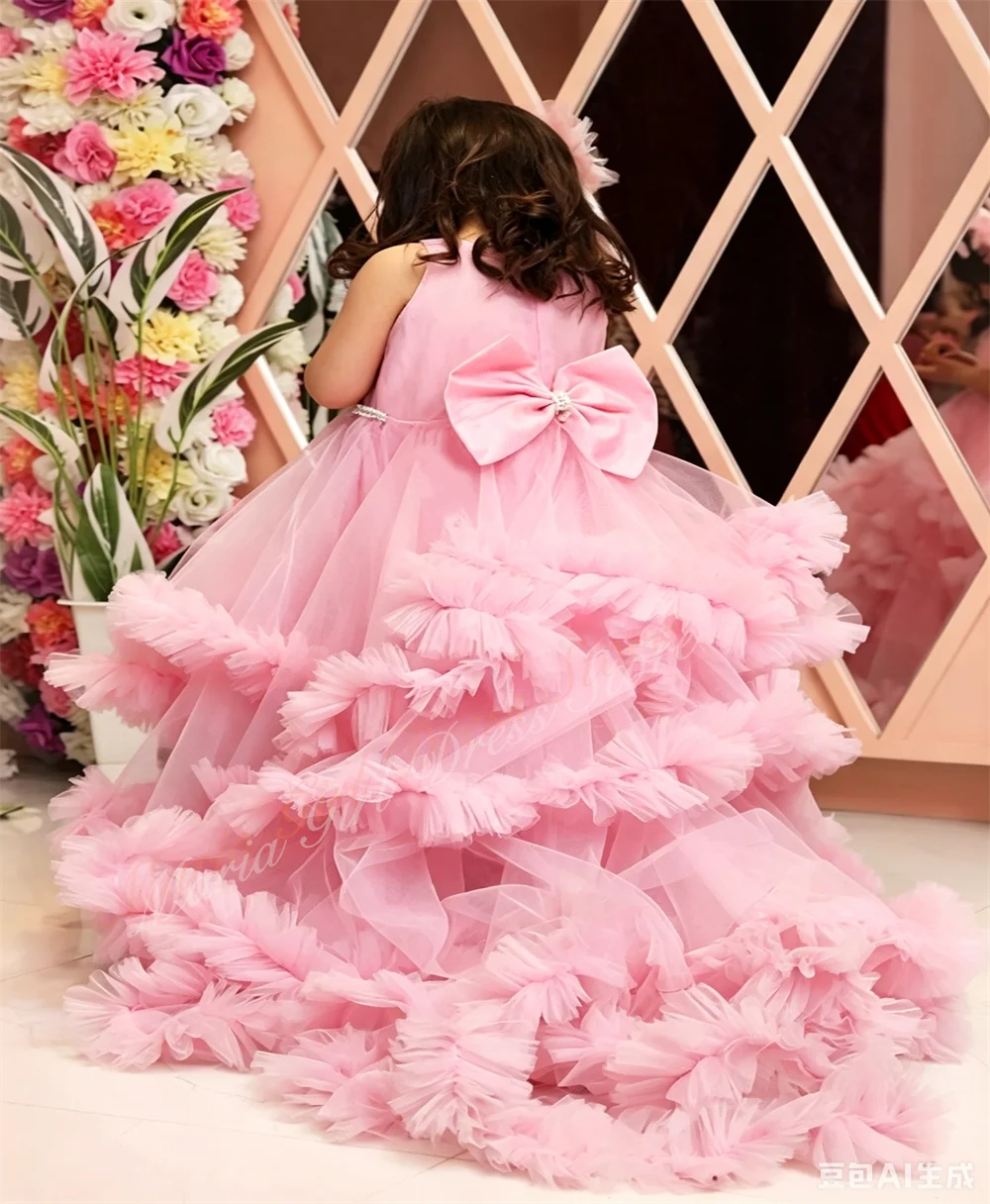 Pink Ruffled Crystal Belt Flower Girl Dress Fluffy Trailing Bow Cute Princess Birthday First Communion Photography Evening Dress