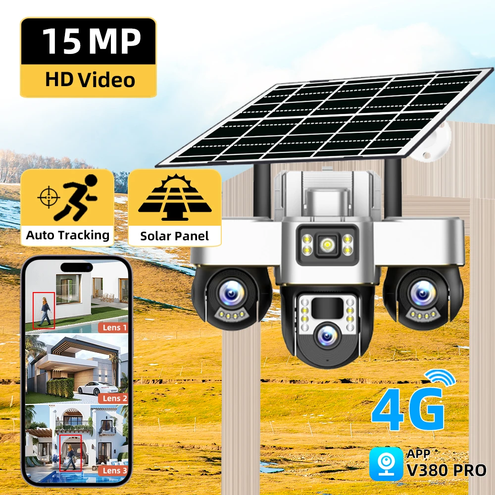 V380 PRO 6K 15MP 3 Objektiv 3 Bildschirm Solar 4G Outdoor CCTV Kamera IP66 Wasserdichte Nachtsicht sicherheit Überwachung
