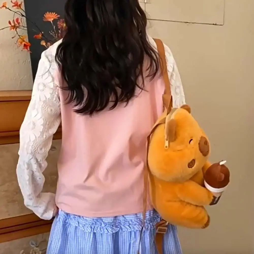 Creative Cute Capybara Plush Backpack Bear Soft Brown Doll Bag Adjustable Straps Lightweight Cartoon Daypack Kids
