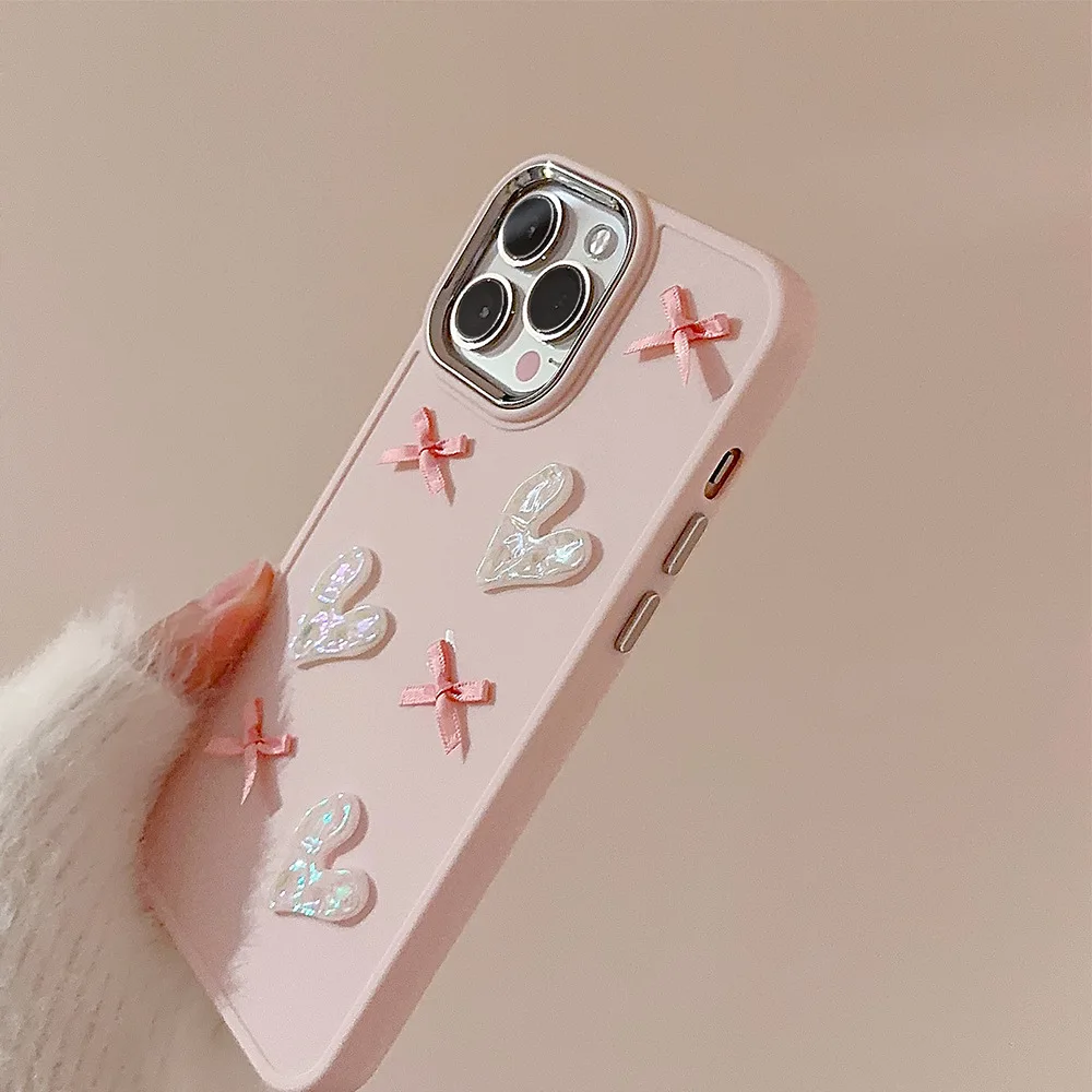 Diy 3d pink love heart bow matte shell for iphone x xr xsmax 8 7 plus 11 12 13 promax 14 15 pro max phone case conque image 4
