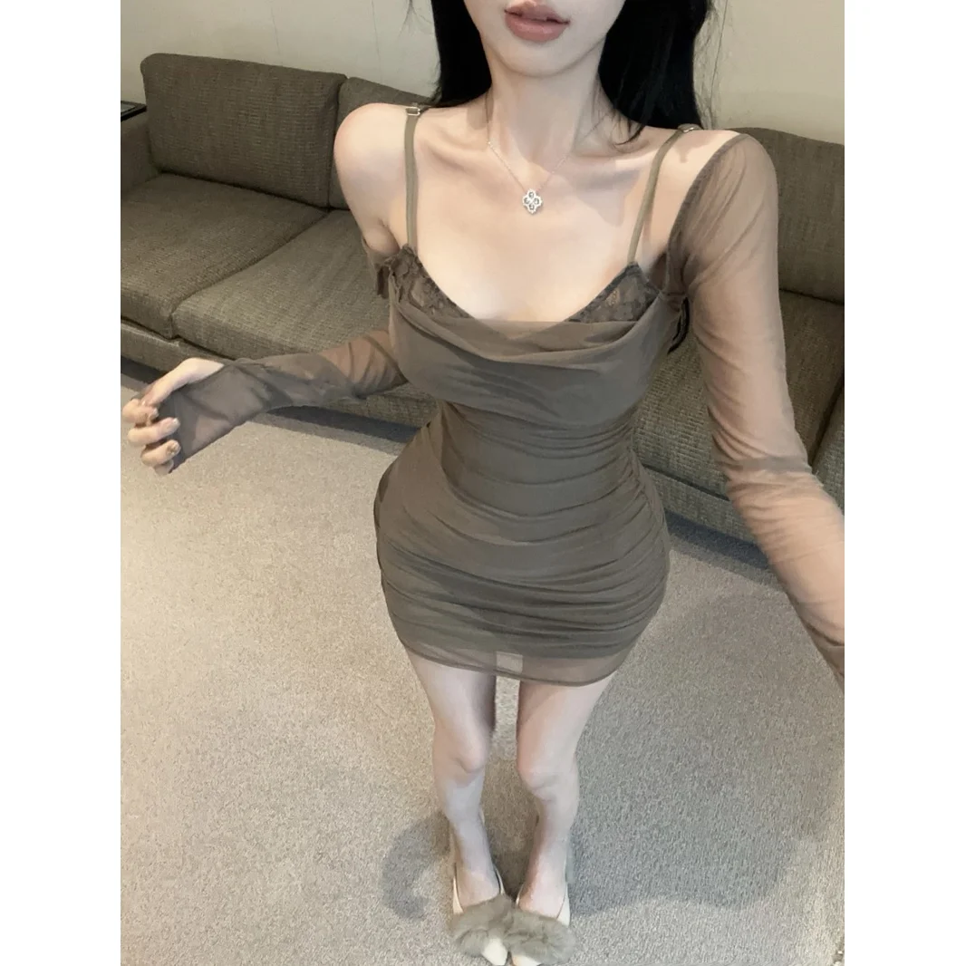 Francês chique malha dupla camada falso de duas peças suspender vestido de manga comprida cintura abraçando saia de ajuste fino para mulher