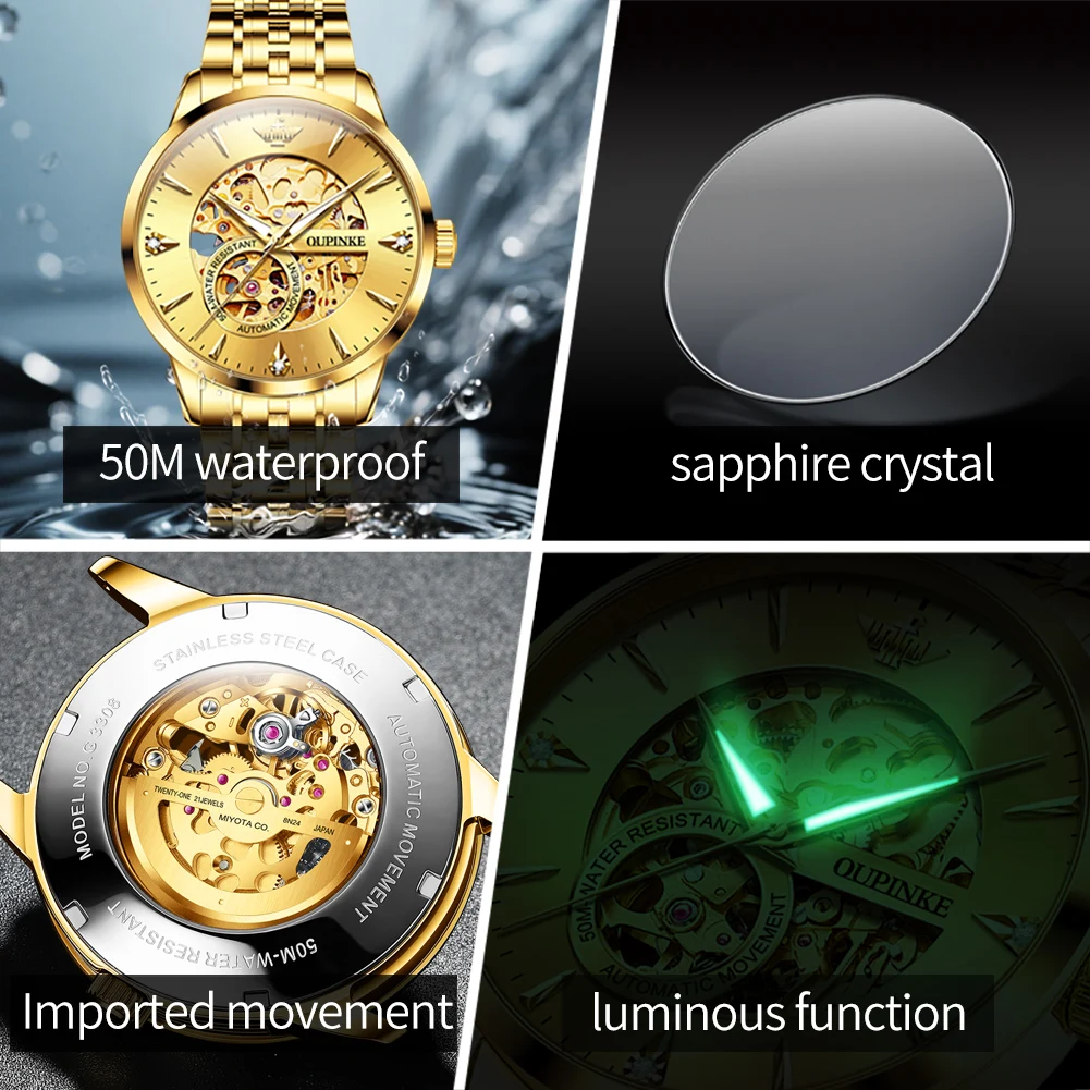 OUPINKE 3308 ساعات ميكانيكية أوتوماتيكية للرجال مستوردة من اليابان حركة مجوفة مينا ذهبي ساعة رجالية فاخرة