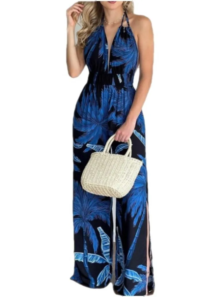 Printed Halter Neck Spaghetti Strap Jumpsuits Women Deep V-neck Slit Loose Wide Legs Jumpsuit Ladies 2023 Spring And Summer New