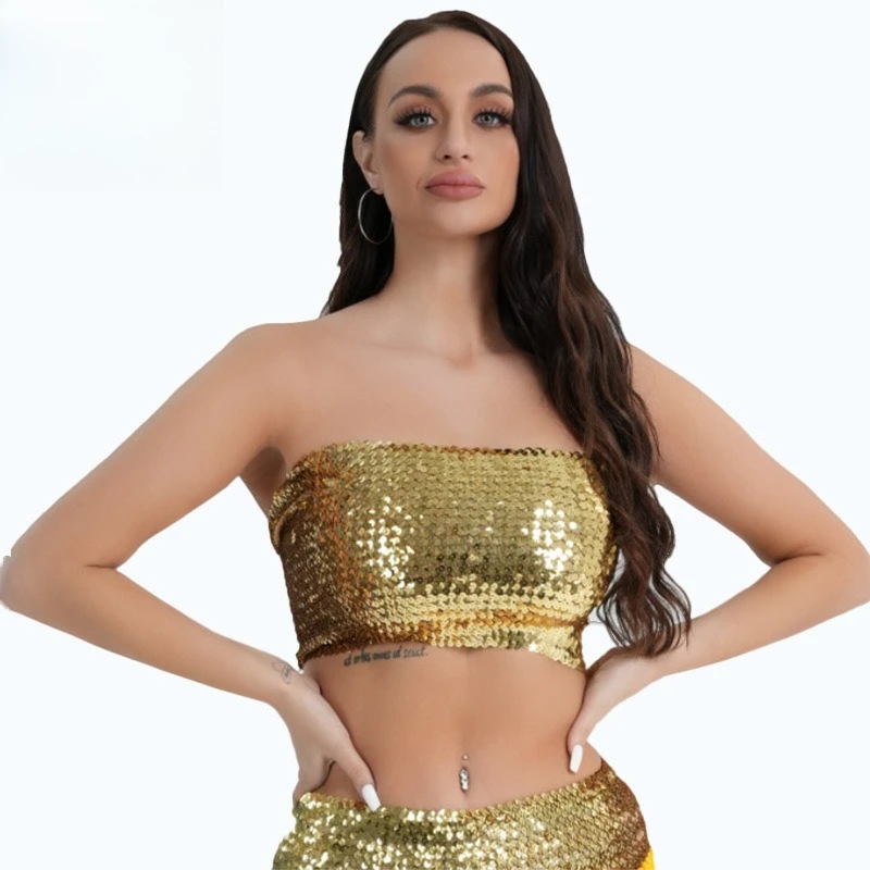 เสื้อเต้นระบำหน้าท้องประดับเลื่อม ผ้ายืดหยุ่นสูง ระยิบระยับ สำหรับการแสดงบนเวที สำหรับผู้หญิง