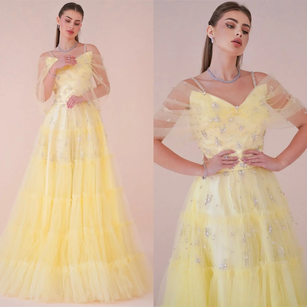 

Customized Fashion Yellow Tulle Evening Dresses Elegant V-Neck Off the Shoulder Homecoming Dresses High Quality Prom Dress