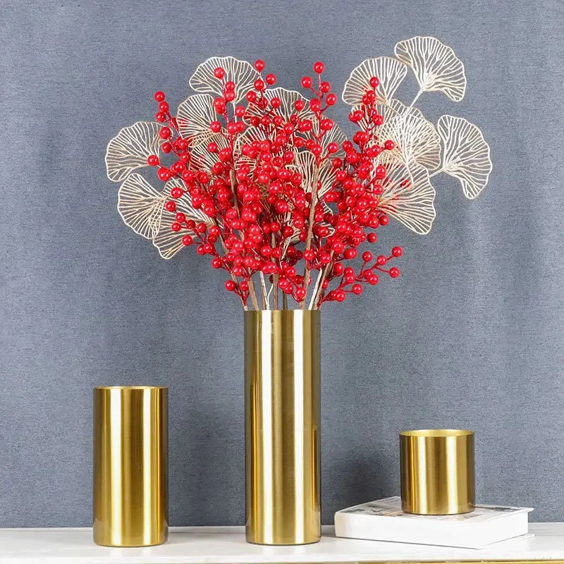 Creative Cylindrical Gilded Metal Vase Artificial Flower Flower Arrangement Countertop Decoration Hydroponic Vase Art Decoration