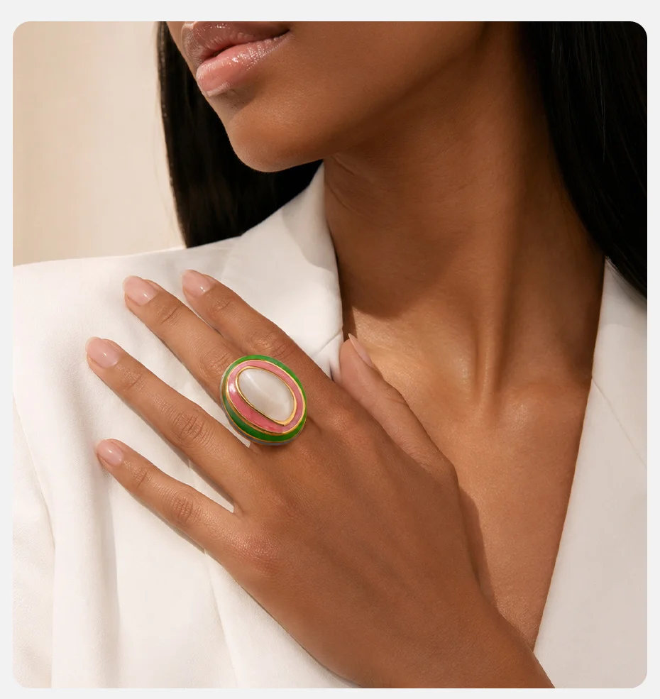 Vnox Geometrischer Spiralring mit Buntem Glasur-Effekt und Naturstein für Damen, Vergoldeter Edelstahl, Mehrschichtiger Farbring – Detail 2