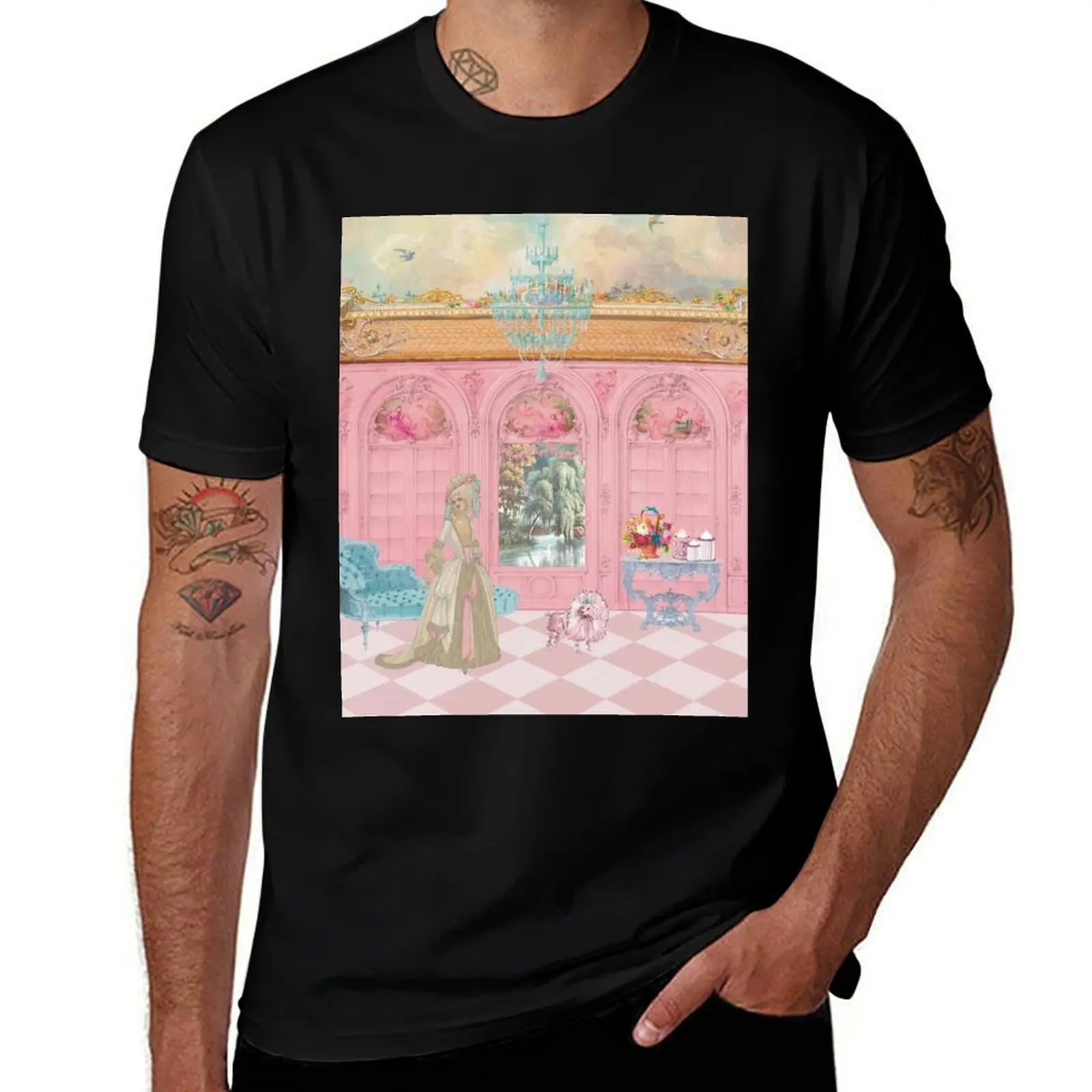 

Marie Antoinette At Chateau Versailles with Cake and Her Pink French Poodle T-Shirt t shirts for man cotton soft
