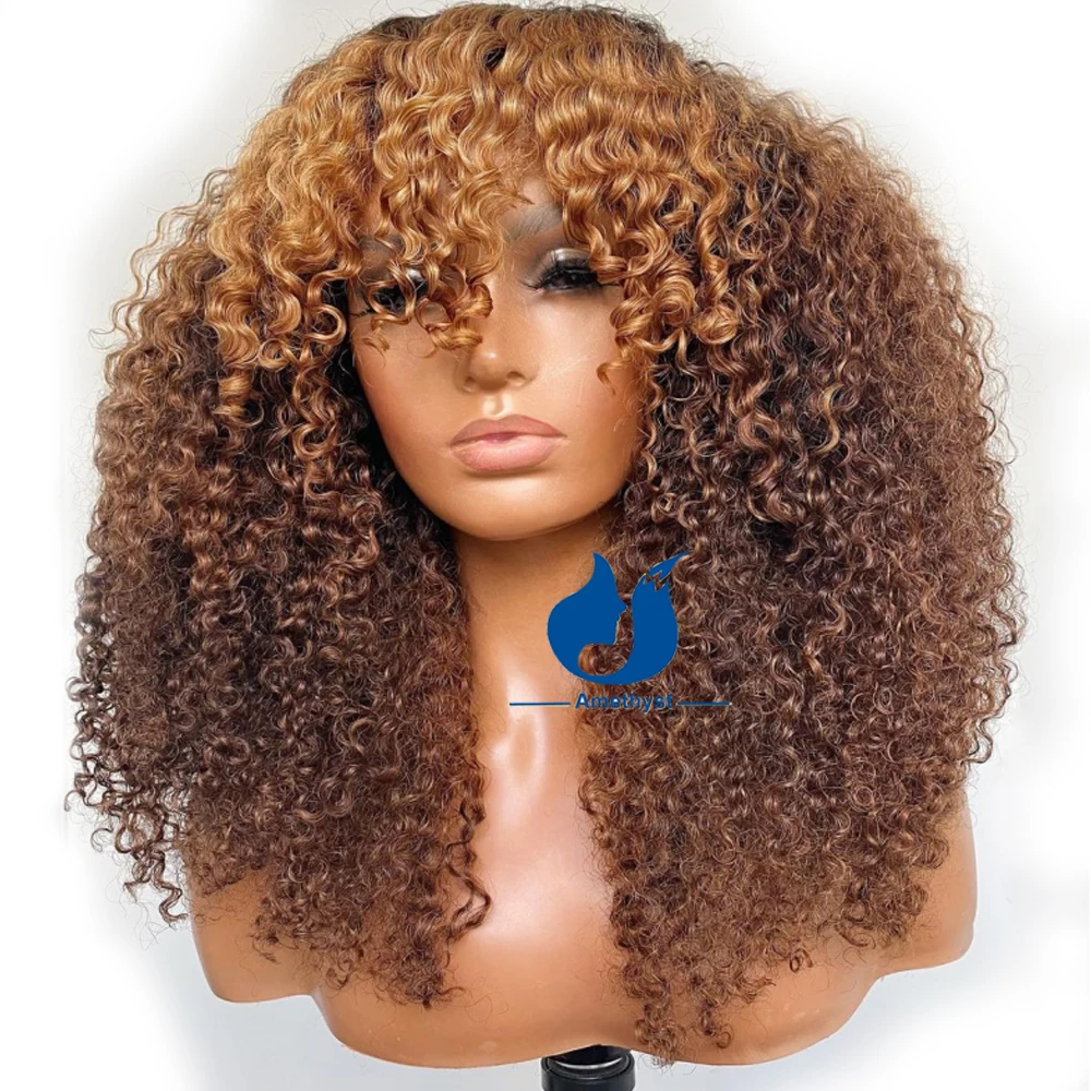 Honey Blonde Deep Wave Curly Scalp Perucas, 130% Densidade, Perucas de Cabelo Humano, Wear and Go, None Lace, Peruca com Bang para Bla, Top Bangs