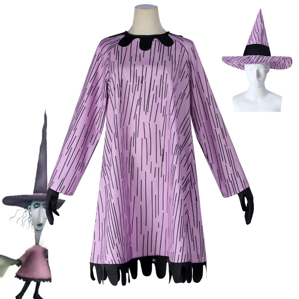 Shock Cosplay pesadilla Cosplay antes de Navidad disfraz mujer disfraz sombrero de bruja guantes vestido púrpura ropa traje de Halloween
