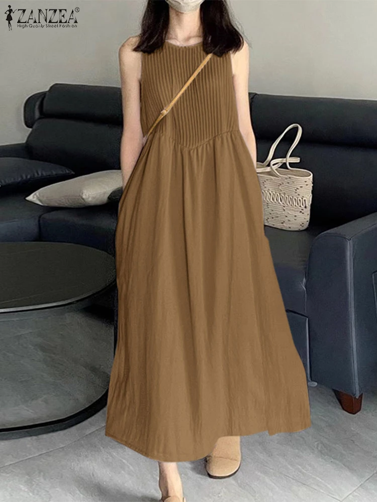 ZANZEA แฟชั่นฤดูร้อน Holiday Beach Dress ผู้หญิง Sundress 2025 สบายๆ O คอ Baggy Vestido Elegant Solid ชุดจีบ