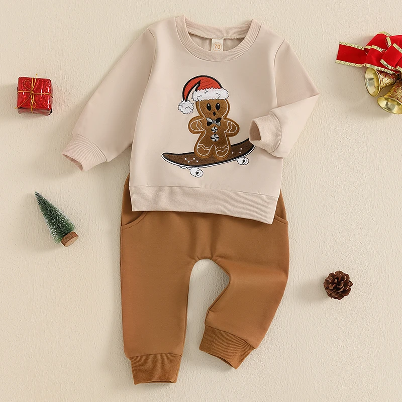 2024-07-23 Lioraitiin Baby Boys Christmas Set, Long Sleeve Crew Neck Embroidery Cartoon Sweatshirt with Elastic Waist Sweatpants