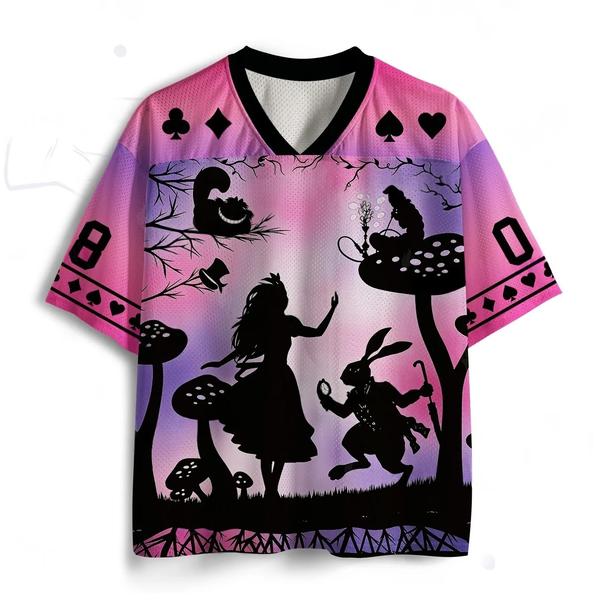 Camiseta con estampado 3D de silueta de Alicia en el País de las Maravillas, camiseta de malla de manga corta con diseño de bosque de setas para niños, hombres y mujeres