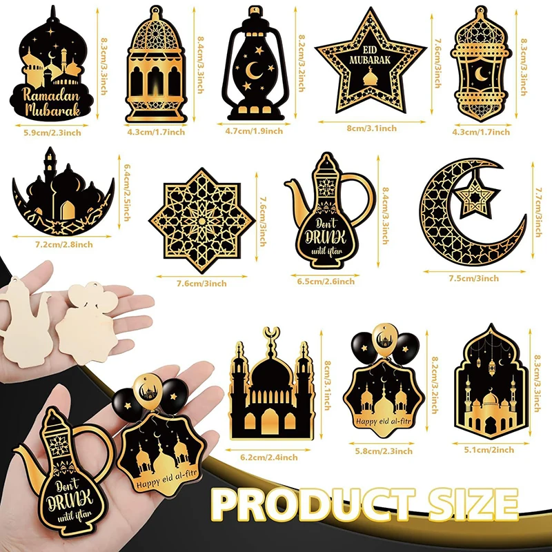 12 قطعة عيد مبارك خشبية معلقة الحلي رمضان كريم القمر دلاية شكل نجمة 2026 الإسلامية الشاش معلقة لوازم الحفلات