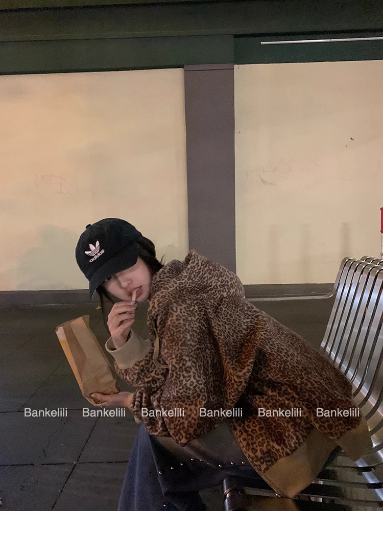 سترة بغطاء للرأس بطبعة الفهد الرجعية بأكمام طويلة للنساء بتصميم فضفاض