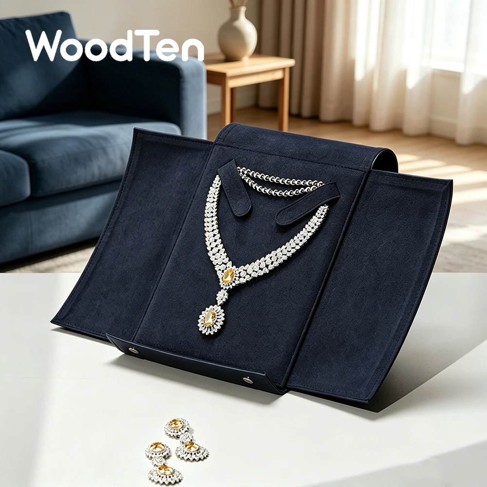 WoodTen PU Leather Necklace Organizer Bag Blue Jewelry Storage Wedding Travel Portable Necklace Gift Bag Jewelry Display Props