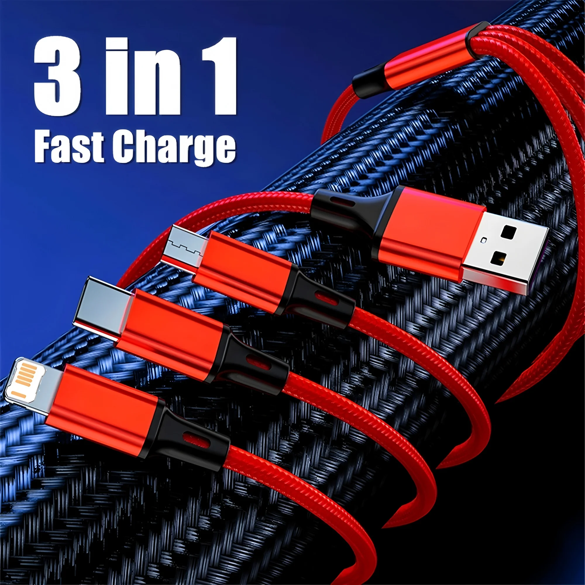 3 in 1 Milti-Port USB-A Fast Charging Cable For iPhone Huawei Honor Xiaomi Redmi POCO Micro USB Type C Charge Cable Braided Wire