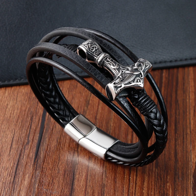 Trendy Genuine Leather Bracelet Men Classic Magnetic Button Stainless Steel Bangles Rope Wrap Charm for Male Bracelets