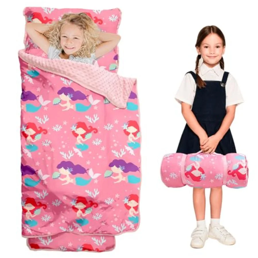 Toddler Nap Mat with Pillow and Minky Blanket, Large 55"x35" Sleeping Bag, Washable, Lightweight, Easy to Roll, Perfect for Pre