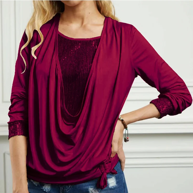 6 Solid Color Sequins Simple Long Sleeve Top Women\'s Elegant Temperament Street Autumn Blouse T-Shirt