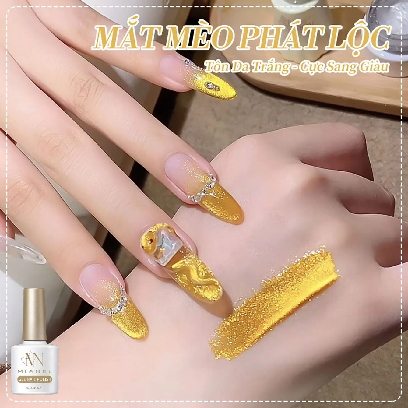 MIANEL 10ML Glücksbringer Champagner-Gold Katzenauge Nagellack Gel 2026 Neujahr Super Glitzernd Vielseitig Aufhellender Nagellack Goldene Nägel