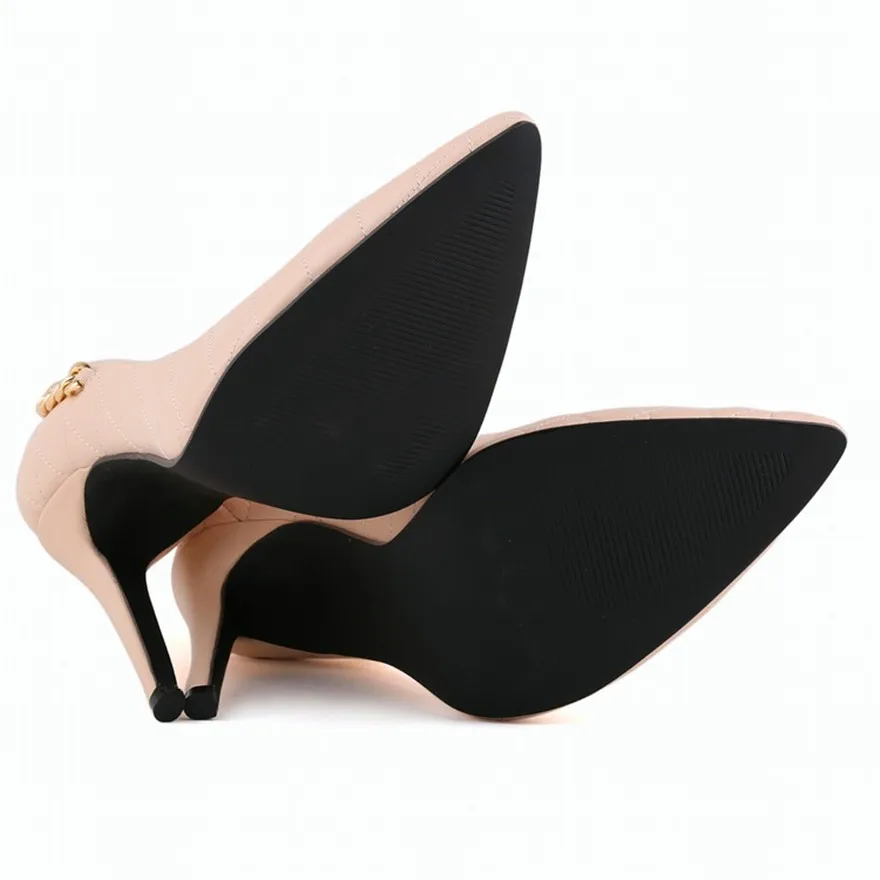 LOSLANDIFEN Plaid Pattern Classic Wedding Shoe 2025 New Nightclub Women Pumps Fashion Chain Shallow High Heels Shoes Pointed Toe
